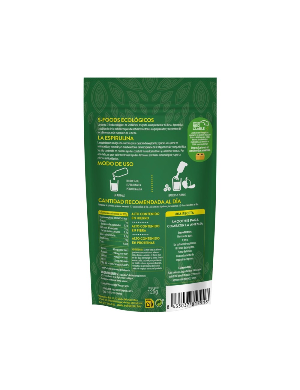 ESPIRULINA BIO POLVO 125 GRS SOL NATURAL