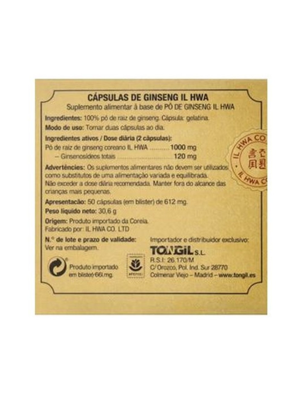 GINSENG KOREANO IL HWA 50CAP TONGIL
