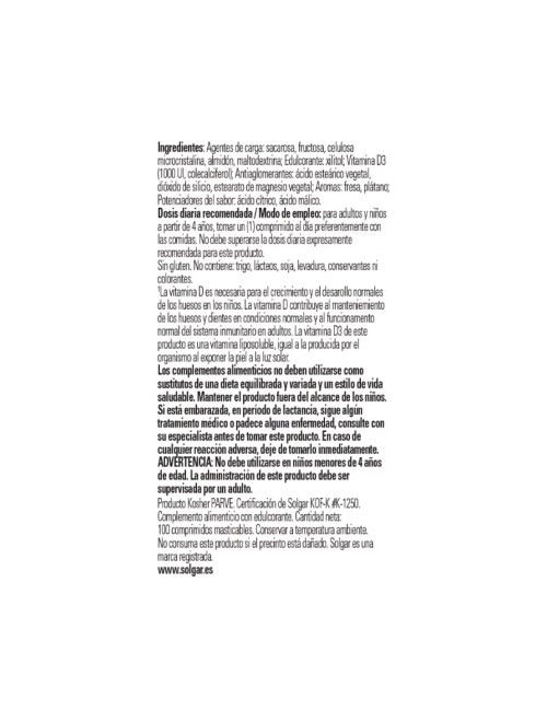 SOLGAR VITAMINA D3 1000 IU 100 COMP MASTICABLE