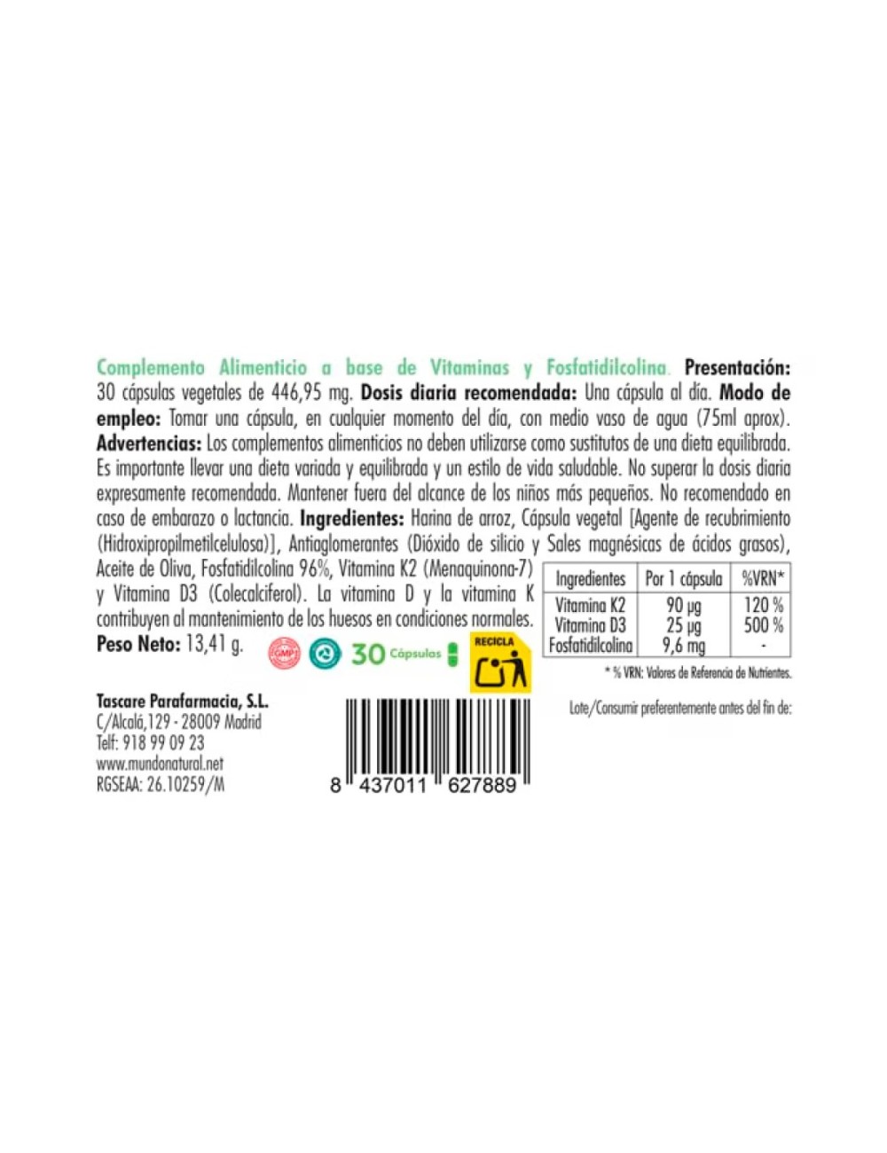 MUNDONATURAL VITANANO D3+K2 30 CÁPSULAS