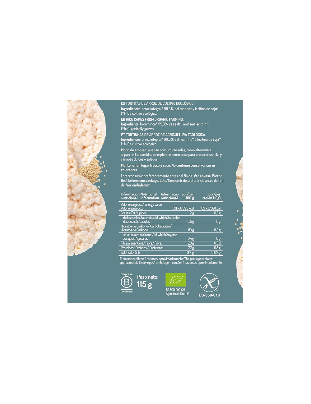 EL GRANERO TORTITAS DE ARROZ INTEGRAL ECO SIN GLUTEN 115 GR