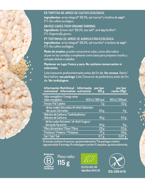 EL GRANERO TORTITAS DE ARROZ INTEGRAL ECO SIN GLUTEN 115 GR