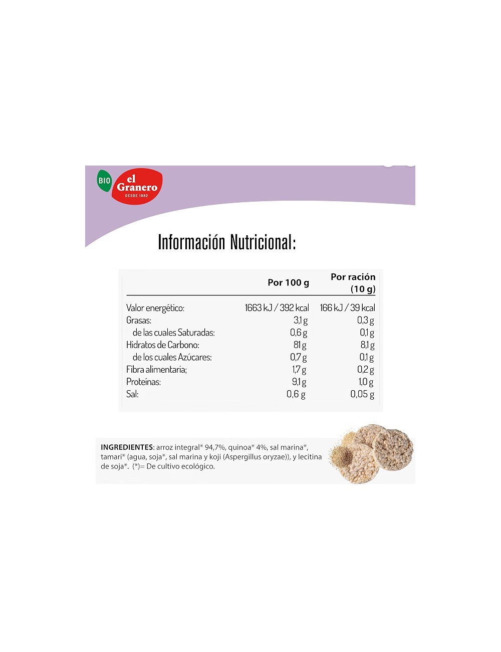 EL GRANERO TORITAS DE ARROZ INTEGRAL Y QUINOA S/G 120 GR