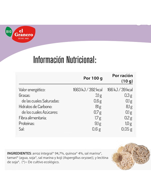EL GRANERO TORITAS DE ARROZ INTEGRAL Y QUINOA S/G 120 GR