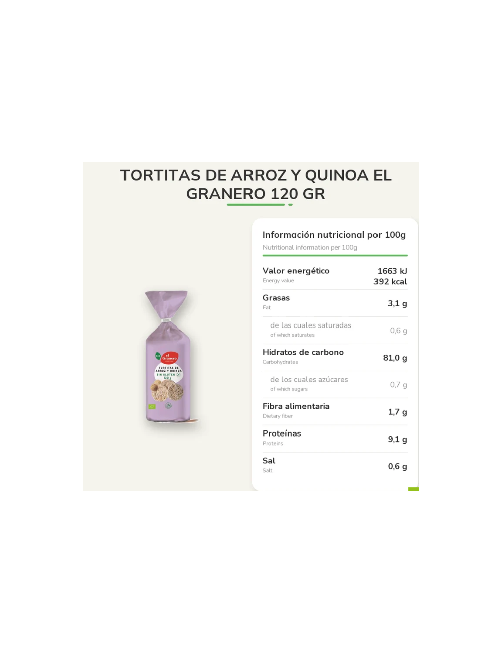 EL GRANERO TORITAS DE ARROZ INTEGRAL Y QUINOA S/G 120 GR