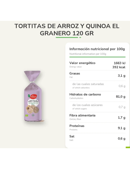 EL GRANERO TORITAS DE ARROZ INTEGRAL Y QUINOA S/G 120 GR