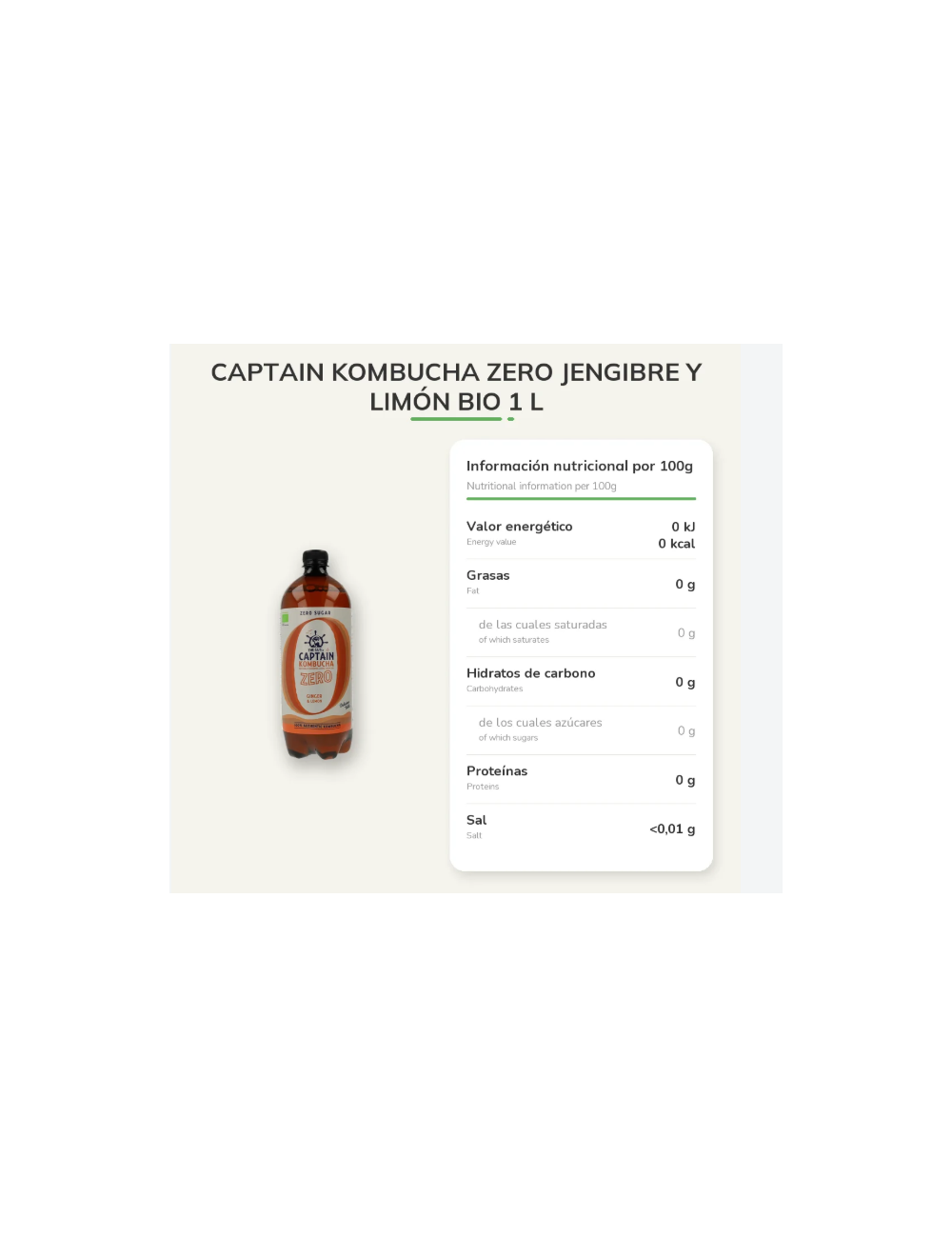 CAPTAIN KOMBUCHA SABOR JENGIBRE-LIMÓN ZERO 1 LITRO