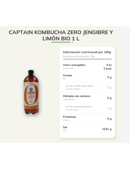 CAPTAIN KOMBUCHA SABOR JENGIBRE-LIMÓN ZERO 1 LITRO