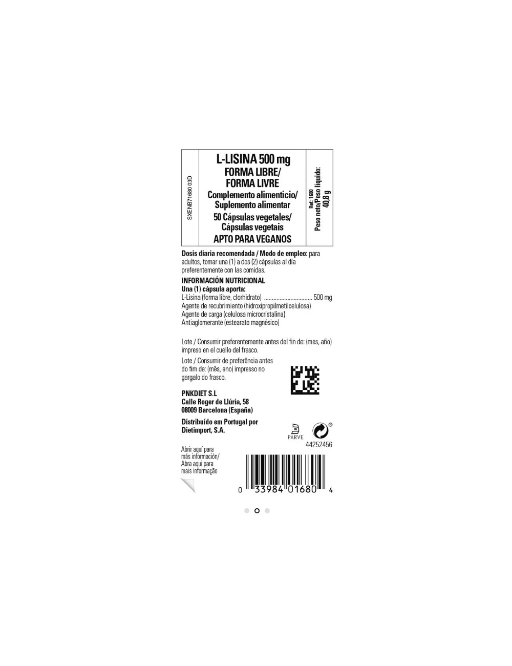 SOLGAR L-LYSINA 500 MG FORMA LIBRE 50 CAPSULAS