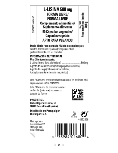 SOLGAR L-LYSINA 500 MG FORMA LIBRE 50 CAPSULAS