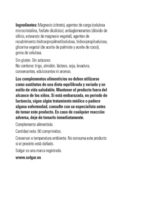 SOLGAR CITRATO DE MAGNESIO 120 TABLETAS
