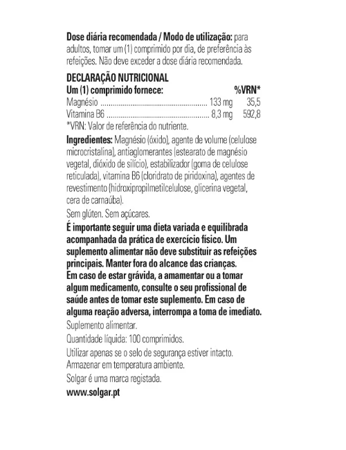 SOLGAR MAGNESIO + VITAMINA B6 100 COMP