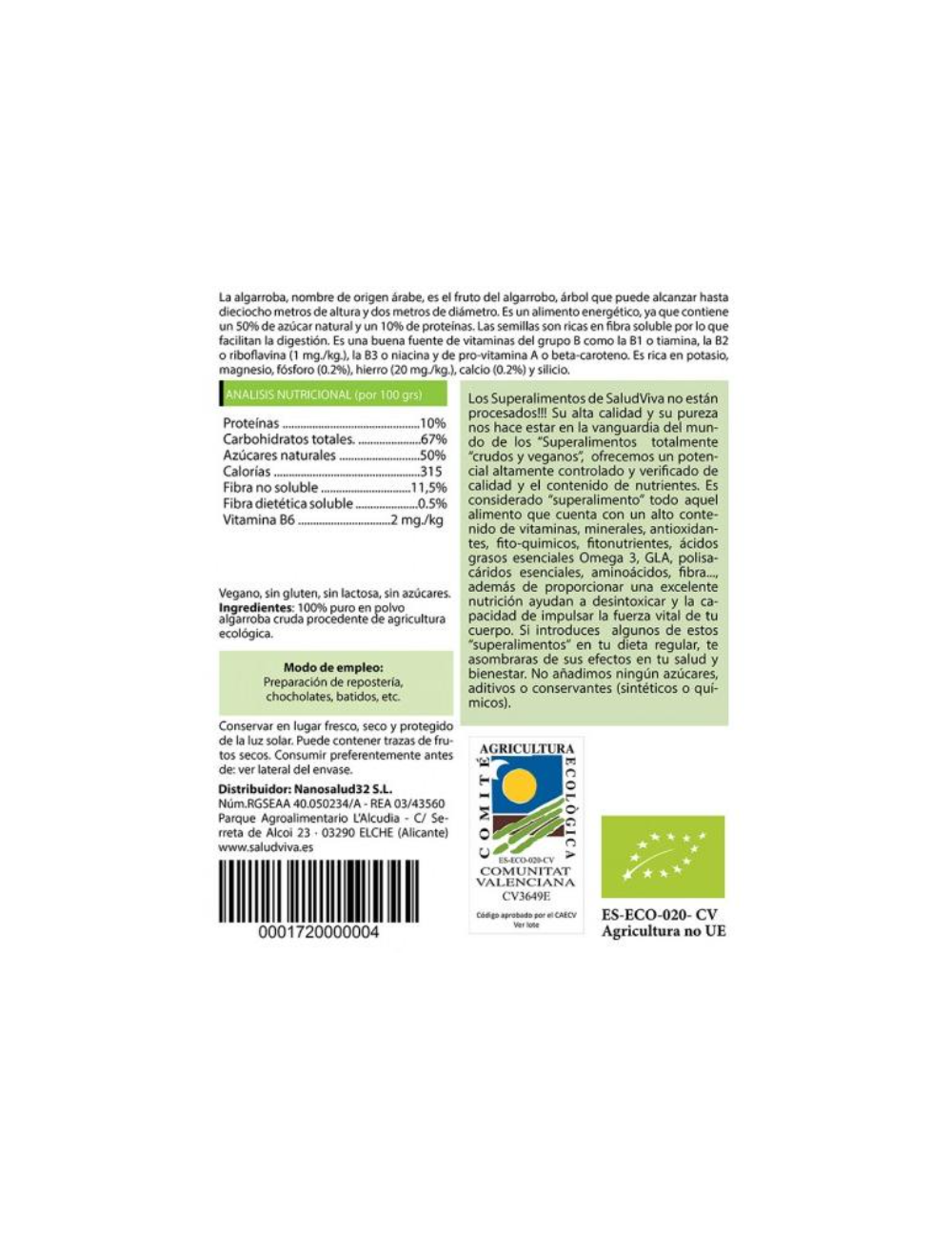 SALUD VIVA ALGARROBA EN POLVO 250 GR