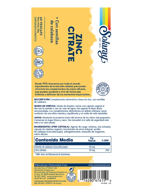 SOLARAY ZINC CITRATE 50 MG 60 CAP